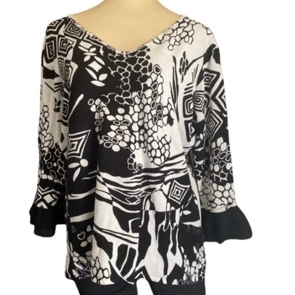 a la Carter blouse women’s size large black-white top 3/4 sleeve ruffle - Picture 4 of 15